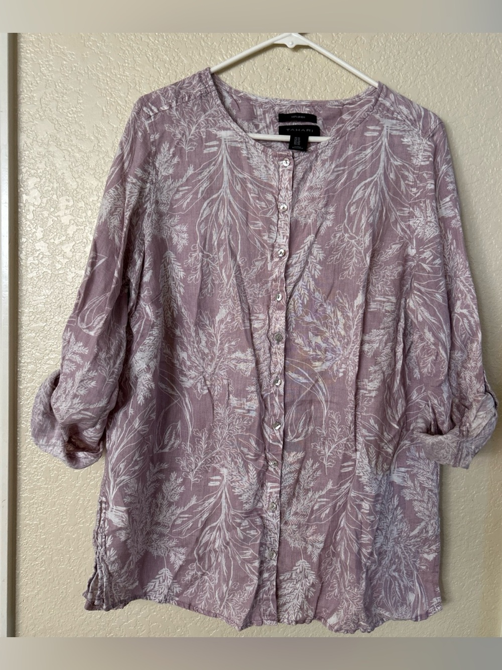 Tahari 100% linen purple floral tunic top size 1X
